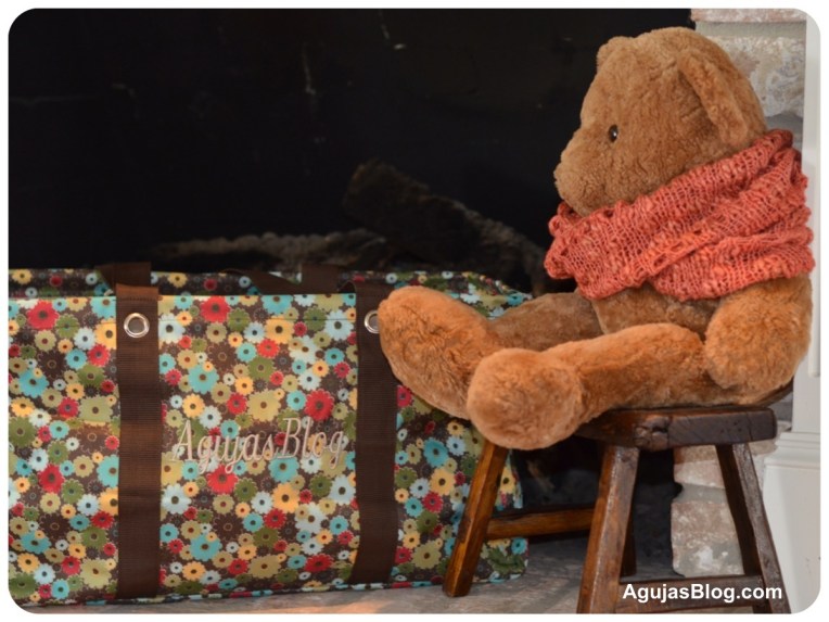 Dew Drops Cowl in Orange and Knitting Bag